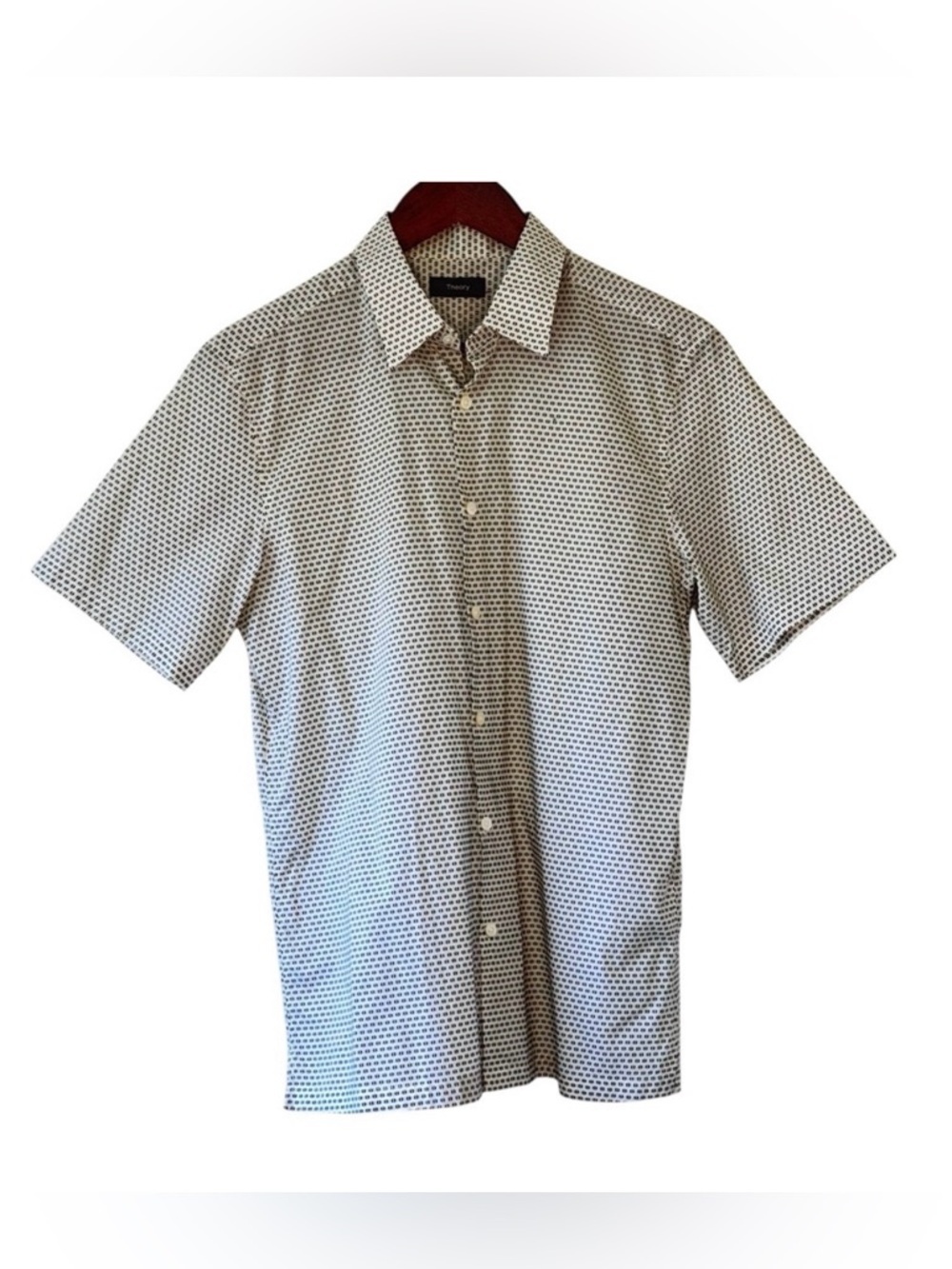 Theory Men's Luxury Button Front Shirt Short Sleeve White Blue Birdseye Print M